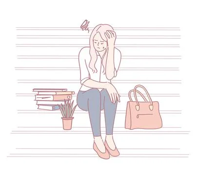 A stressed woman is sitting down surrounded by books and her purse, reflecting Stock Illustration