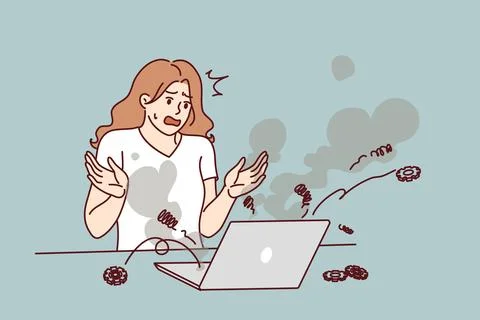 Stressed woman stands near exploding laptop and screams in fear in need of help Stock Illustration