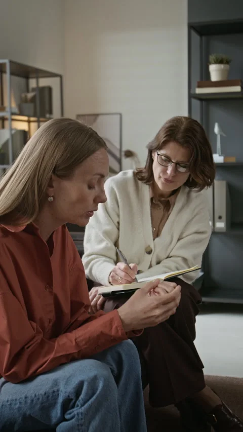 Stressed Woman Talking About Problems with Therapist in Therapy Session Stock Footage 337642203