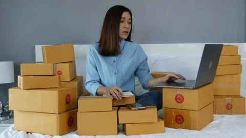 Stressed woman using laptop computer and working problem to selling product  Stock Footage 130102819