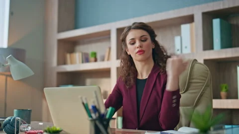 Stressed worker looking computer solving problem. Tired woman rubbing temples Video stock 276315122