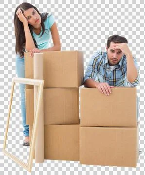 Stressed young couple with moving boxes Illustrazione stock