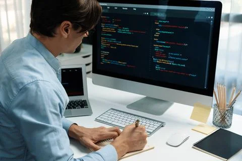 Stressful IT analyzing online software information writing memo list. Pecuniary. Foto stock