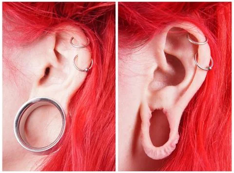 Stretched ear lobe piercing Stock Photos