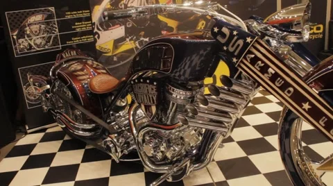 Stretched Motorcycle on Display Stock Footage 41931340