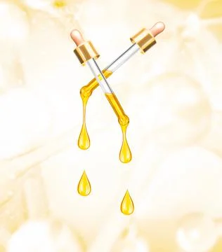 Stretched oily 3d illustration drops are falling from a gold cosmetic pipettes Stock Illustration