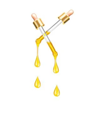 Stretched oily drops are falling from a gold cosmetic pipettes close-up on a Stock Illustration