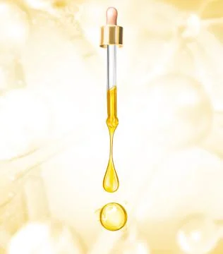 Stretched oily drops are falling from a vertical gold cosmetic pipettes close-up Stock Illustration