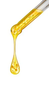 Stretched oily drops are falling from a vertical gold cosmetic pipettes close-up Stock Illustration