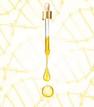 Stretched oily drops are falling from a vertical gold cosmetic pipettes close-up Stock Illustration