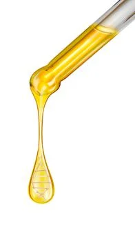 Stretched oily drops are falling from a vertical gold cosmetic pipettes close-up Stock Illustration