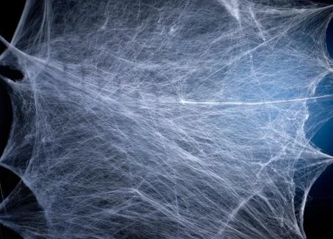Stretched white web with blue backlight, background for the holiday Halloween 스톡 사진