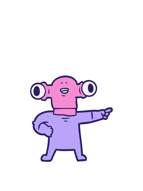 Stretching up animation of friendly cartoon alien pointing Stock Footage 324101964