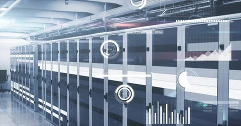 Stretching continuous bank of server racks receding left in secured data center, Stock Photos