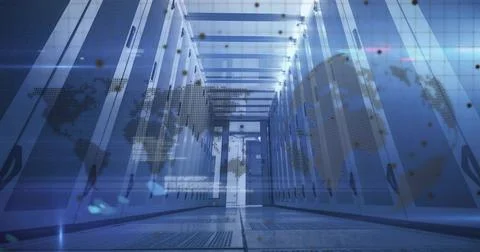 Stretching data center corridor showcasing LED panels, perforated floor grates, Stock Illustration