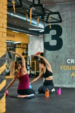 Stretching exercises. Vertical shot of two young athletic women in sportswear Stock Photos