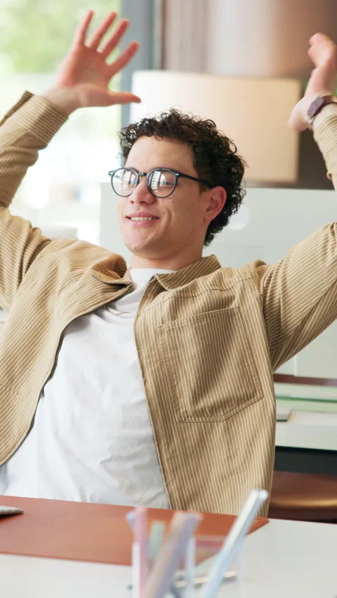 Stretching, glasses and man in office with desktop, satisfaction or completed Stock Footage 319872226