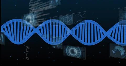 Stretching large blue DNA double helix spanning virtual research interface, s Stock Illustration