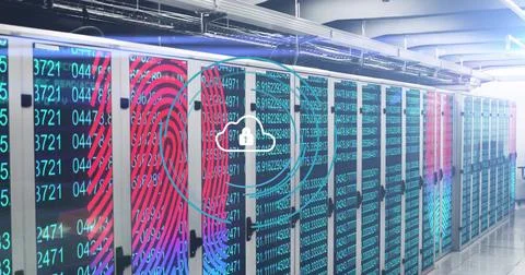 Stretching long row of server cabinets showing code streams and fingerprints, イラスト素材