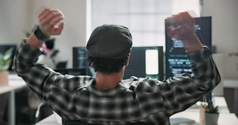 Stretching, man and coder in office with computer, running code or problem Stock-Footage 346802018