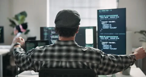 Stretching, man and programmer in office with computer, running code or problem Stock-Footage 346802082