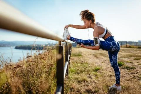 Stretching In Nature Stockfoto's