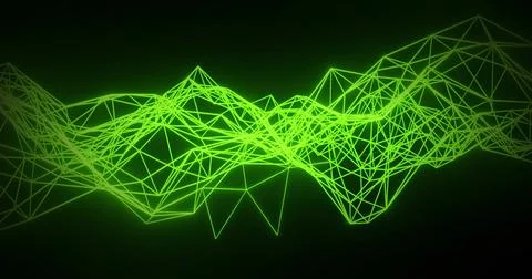 Stretching neon wire showing triangular polygons and glowing nodes against dark 库存插图