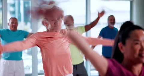 Stretching, senior people and exercise in class, fitness and flexibility to Stock Footage 327779153