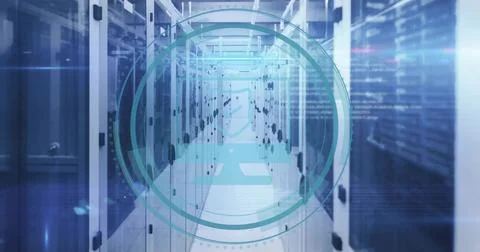 Stretching server cabinets showing blinking LEDs, cables in data center Stock Photos