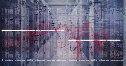 Stretching server racks along secure data center corridor, with digital code and Stock Photos