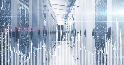 Stretching server racks lining data center corridor with fluorescent lights, Stockfoto's