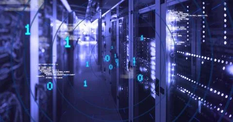Stretching server racks showing LED lights and cables in data center hall, with 스톡 사진
