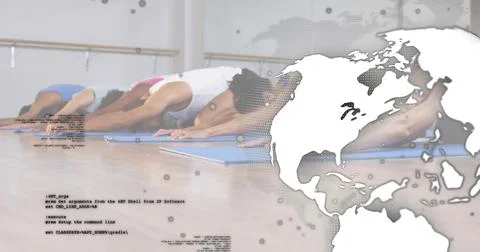 Stretching six people doing forward bend in studio, wearing activewear on blue 스톡 사진