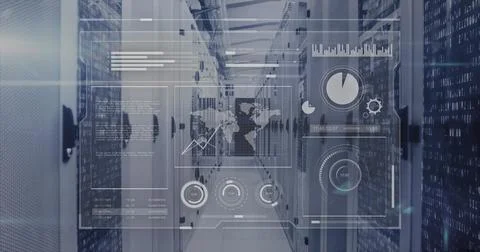 Stretching symmetrical corridor displaying server racks and digital UI overlay 写真素材