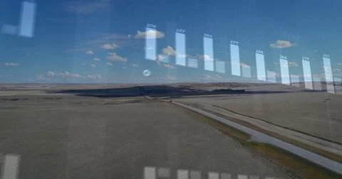 Stretching two-lane highway bisecting grassland under bright sky, with bar chart Stock Illustration