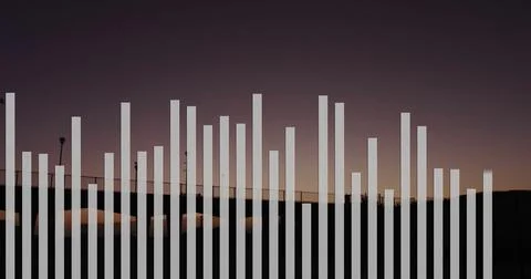 Stretching vertical white bars graphic overlay across walkway railing at dusk, Foto stock