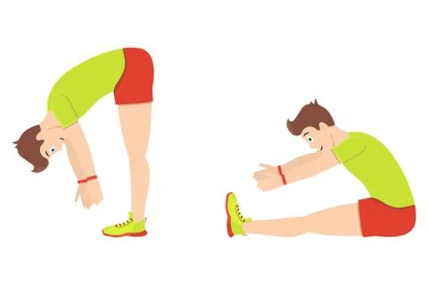 Stretching while sitting and standing. Young handsome guy is doing stretching Stock Illustration