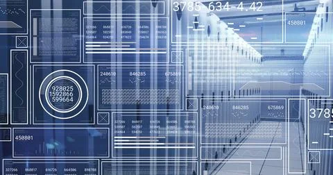 Stretching white server cabinets lining secure data center corridor, with Illustrazione stock