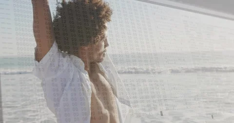 Stretching by window, person with binary code animation overlaying scene Stock Footage 305119988