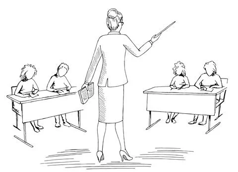 Strict teacher classroom interior black white sketch illustration vector Stock Illustration