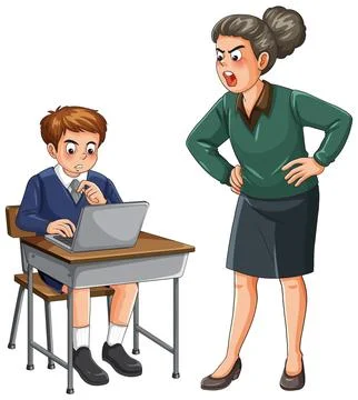 Strict Teacher Scolding Student Using Laptop in Classroom Illustrazione stock