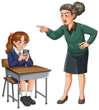 Strict Teacher Scolding Student Using Smartphone in Classroom Stock Illustration