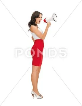 Strict woman shouting in megaphone Stock Photos