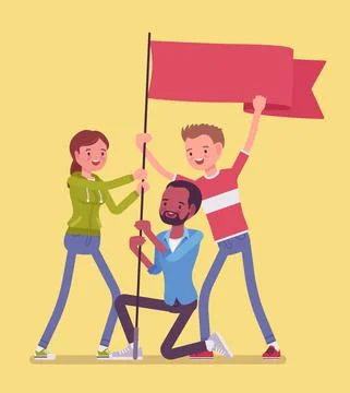 Strike demonstration group with red flag protest or victory symbol Stock Illustration