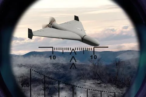 Strike drone flies above hilly terrain and is observed through optical scope. Stock Photos