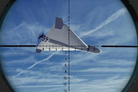 Strike drone is positioned in center of targeting reticle against sky. Foto stock