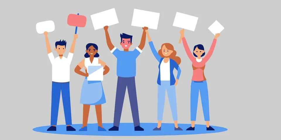Strike of people with posters. Protesting people. Dissenting people. Vector Stock Illustration