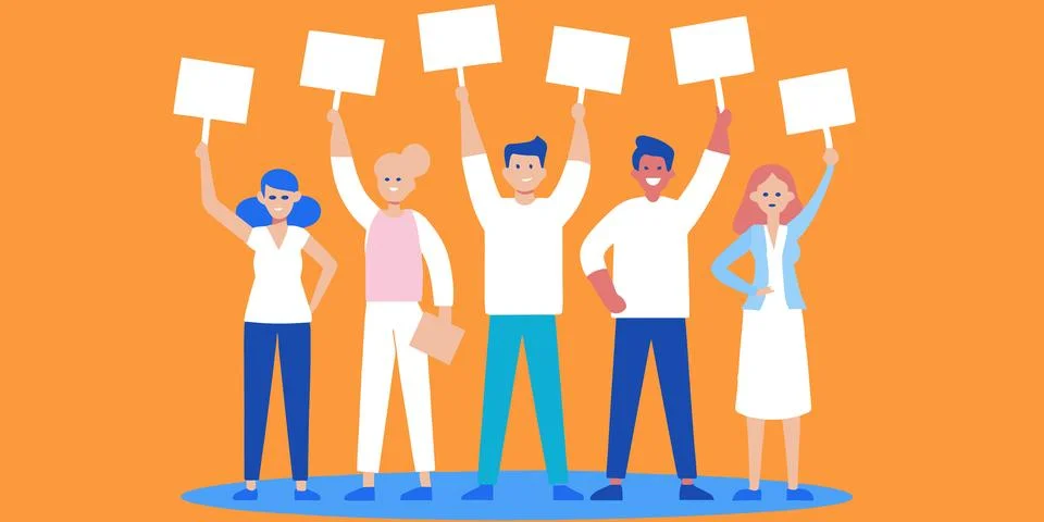 Strike of people with posters. Protesting people. Dissenting people. Vector. Stock Illustration