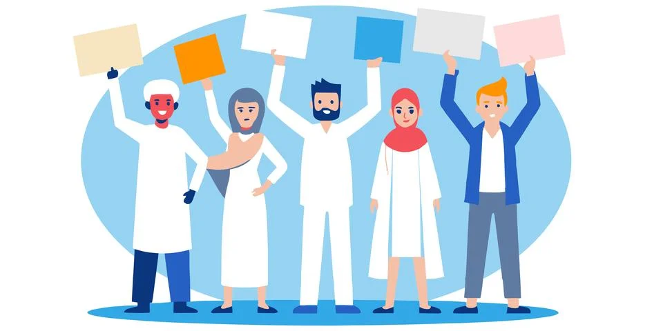 Strike of people with posters. Protesting people. Dissenting people. Vector Stock Illustration