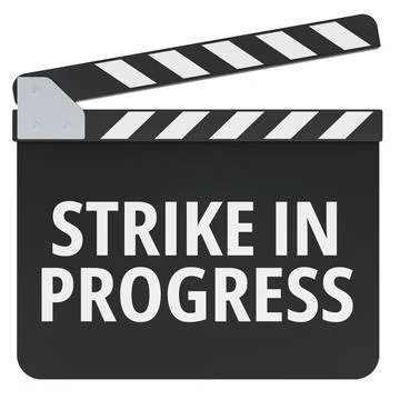 Strike in Progress concept with film clapperboard. 3D rendering Ilustración de archivo